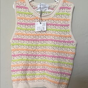 Zara Beige Sweater with Pink, Green, and Orange Stripes